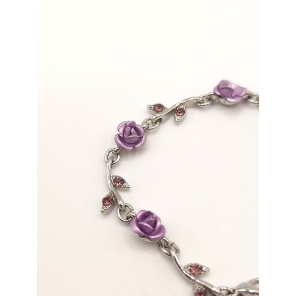 Purple Rose & Crystal Leaf Silver-Tone Bracelet With Lobster Clasp - Picture 3 of 6